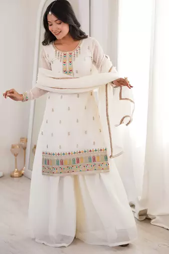 designer off white silk sharara suit with embroidery work