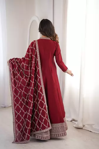 maroon silk ethnic anarkali suit for festive wear