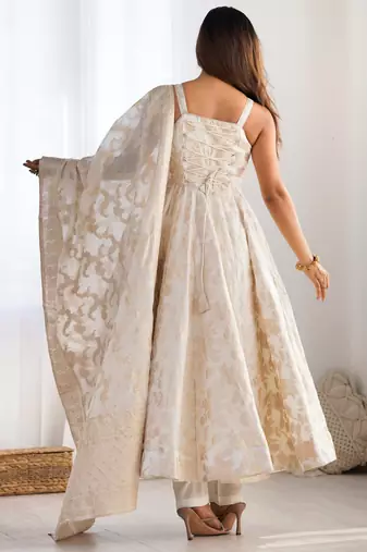 off white color silk anarkali suit for festive wear