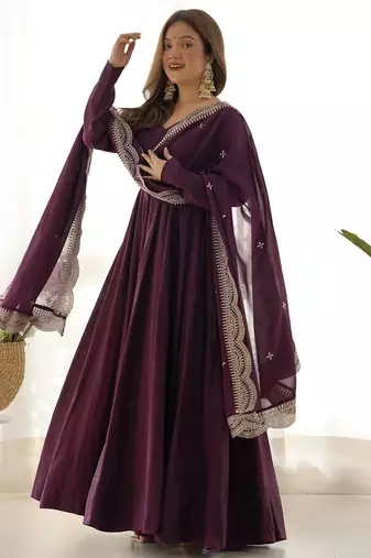 wine silk designer anarkali suit for festive wear