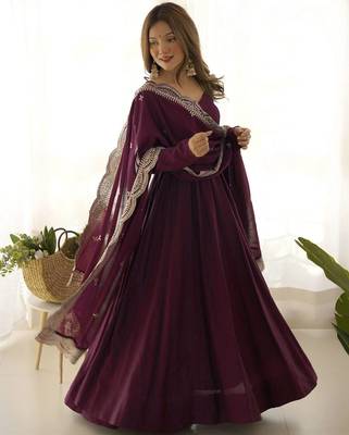 wine silk designer anarkali suit for festive wear 4