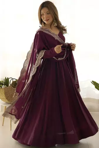 wine silk designer anarkali suit for festive wear