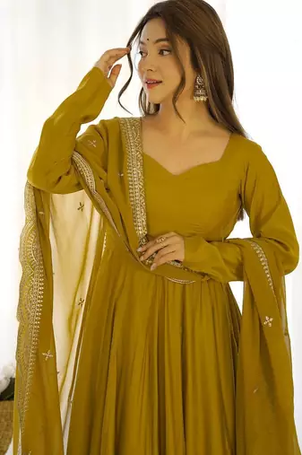 mustard silk designer anarkali suit for festive wear