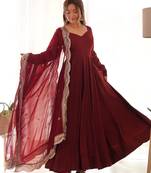 maroon silk designer anarkali suit for festive wear