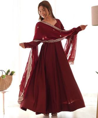maroon silk designer anarkali suit for festive wear 2