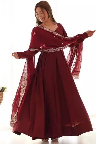 maroon silk designer anarkali suit for festive wear