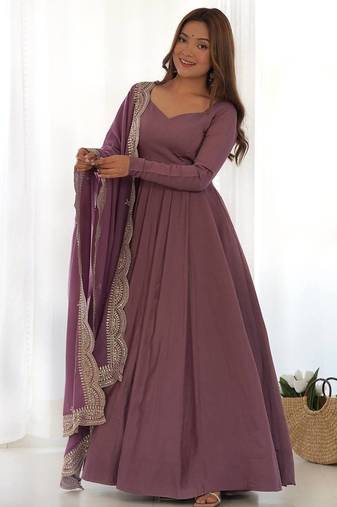 mauve silk designer anarkali suit for festive wear