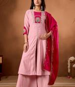 Designer front-slit kurta paired with wide-leg palazzo pants and a dupatta.