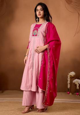 pink silk designer front slit kurta with palazzo and dupatta 3