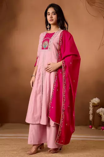 pink silk designer front slit kurta with palazzo and dupatta