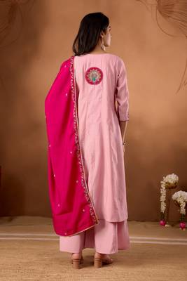 pink silk designer front slit kurta with palazzo and dupatta 4