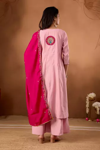 pink silk designer front slit kurta with palazzo and dupatta