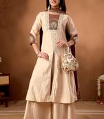 cream silk designer front slit kurta with palazzo and dupatta
