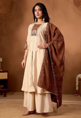 cream silk designer front slit kurta with palazzo and dupatta
 3