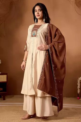 cream silk designer front slit kurta with palazzo and dupatta