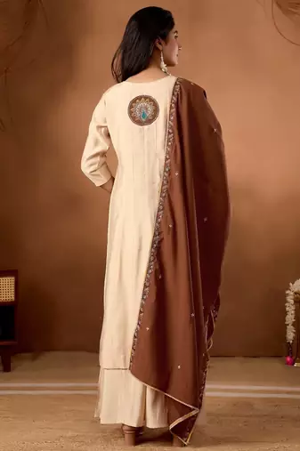 cream silk designer front slit kurta with palazzo and dupatta