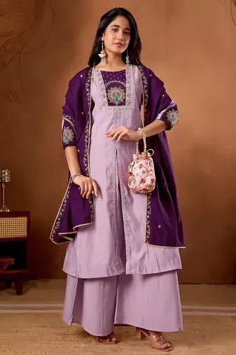 Designer front-slit kurta paired with wide-leg palazzo pants and a dupatta.