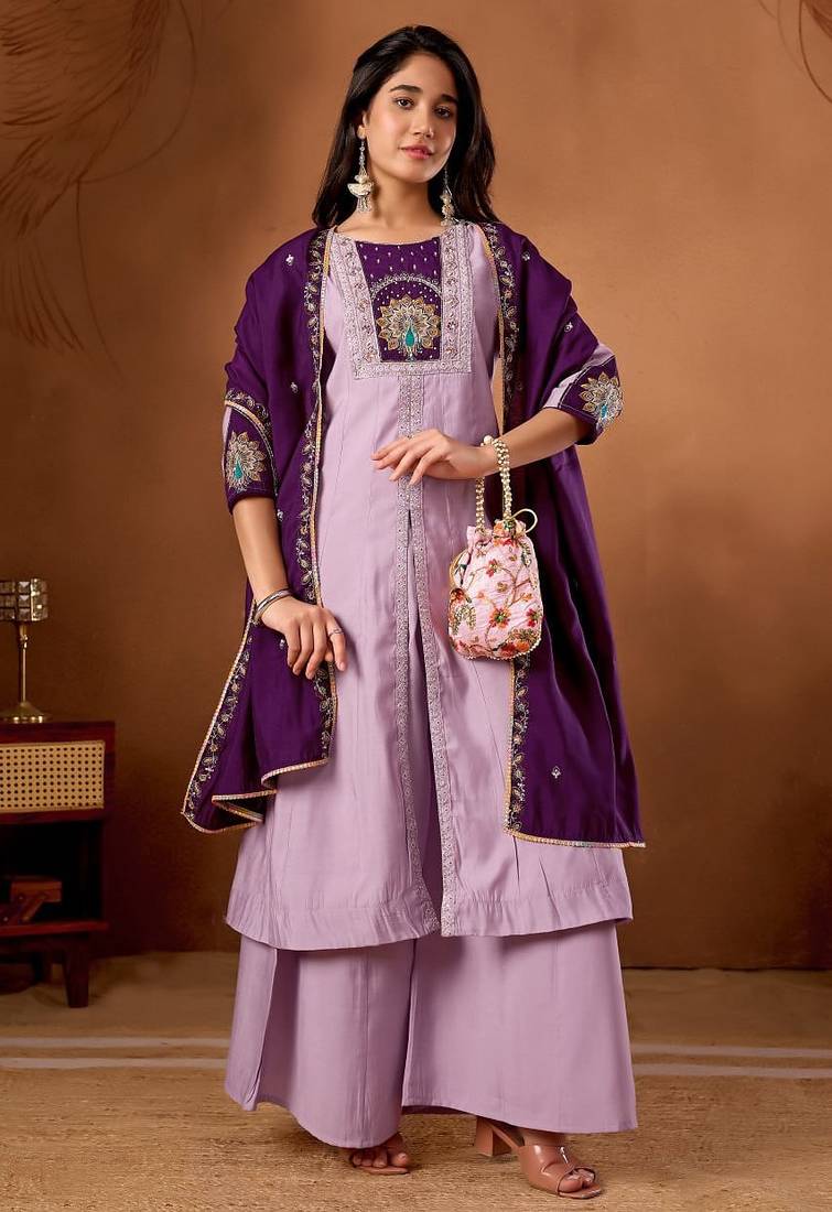 Designer front-slit kurta paired with wide-leg palazzo pants and a dupatta.