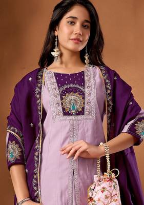 lavender silk designer front slit kurta with palazzo and dupatta 2