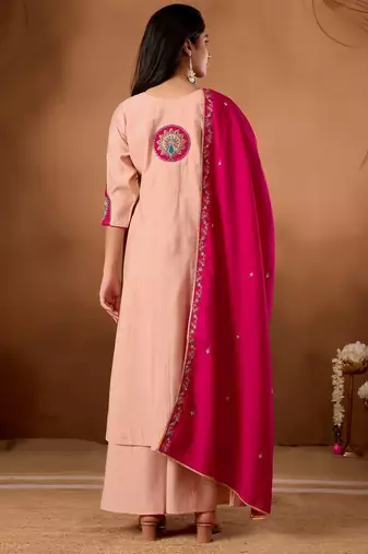 peach silk designer front slit kurta with palazzo and dupatta