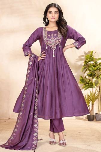 purple silk ethnic anarkali suit for festive wear