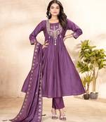 purple silk ethnic anarkali suit for festive wear