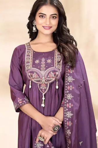 purple silk ethnic anarkali suit for festive wear
