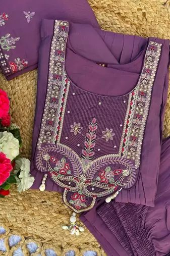 purple silk ethnic anarkali suit for festive wear