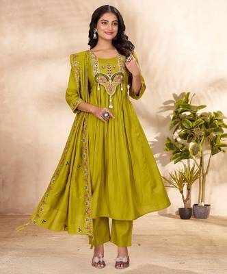 olive green silk ethnic anarkali suit for festive wear 1