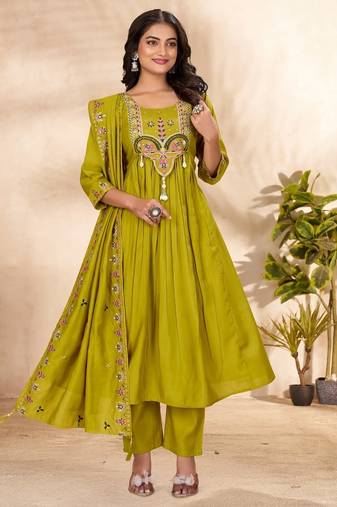 olive green silk ethnic anarkali suit for festive wear