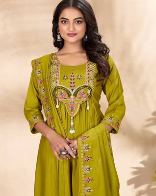 olive green silk ethnic anarkali suit for festive wear 2