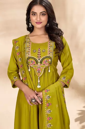 olive green silk ethnic anarkali suit for festive wear