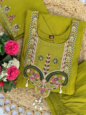 olive green silk ethnic anarkali suit for festive wear 3