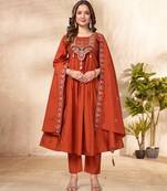 orange silk ethnic anarkali suit for festive wear
