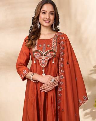 orange silk ethnic anarkali suit for festive wear
 2