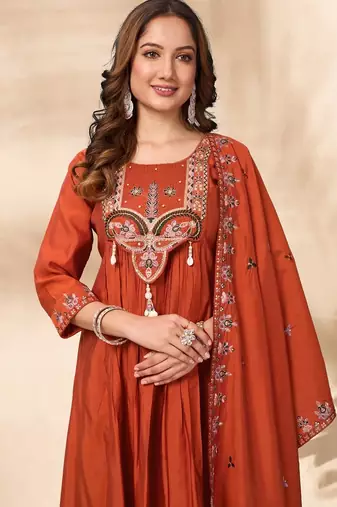 orange silk ethnic anarkali suit for festive wear