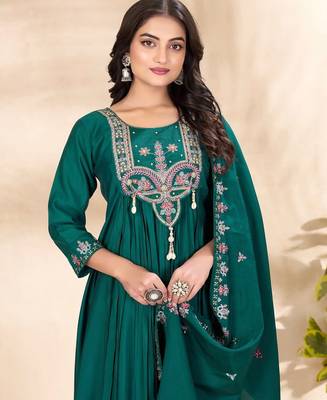 teal silk ethnic anarkali suit for festive wear 2