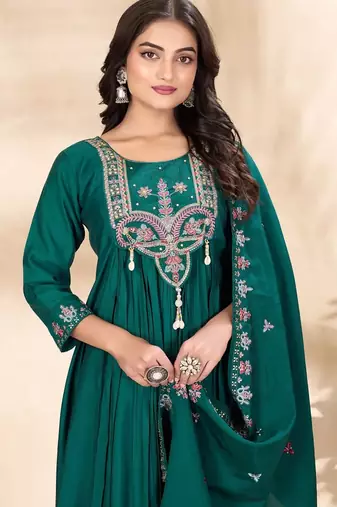 teal silk ethnic anarkali suit for festive wear