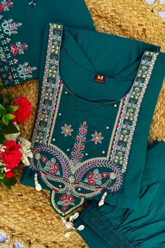 teal silk ethnic anarkali suit for festive wear