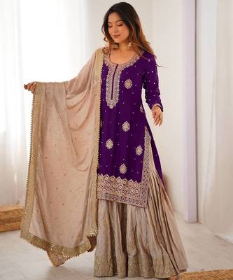 purple and beige silk sharara suit for festive wear 1