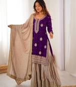 purple and beige silk sharara suit for festive wear