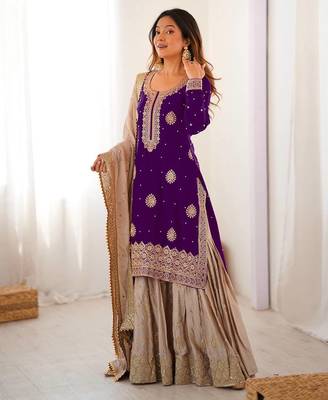 purple and beige silk sharara suit for festive wear 3