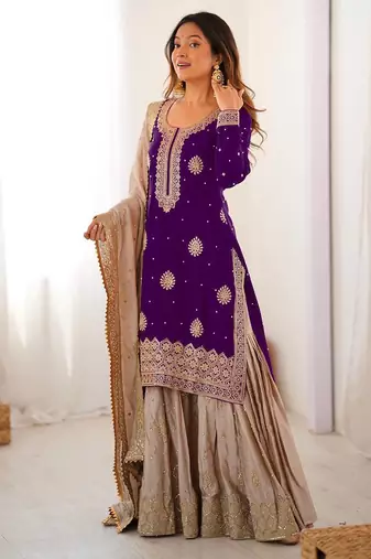 purple and beige silk sharara suit for festive wear