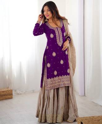 purple and beige silk sharara suit for festive wear 4
