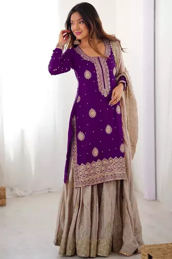 purple and beige silk sharara suit for festive wear