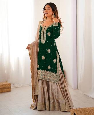 green and beige silk sharara suit for festive wear 1