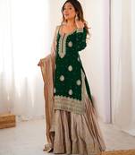 green and beige silk sharara suit for festive wear