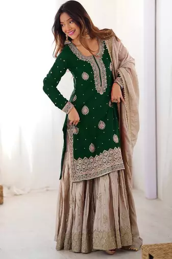 green and beige silk sharara suit for festive wear