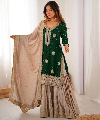 green and beige silk sharara suit for festive wear 3