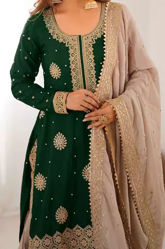 green and beige silk sharara suit for festive wear